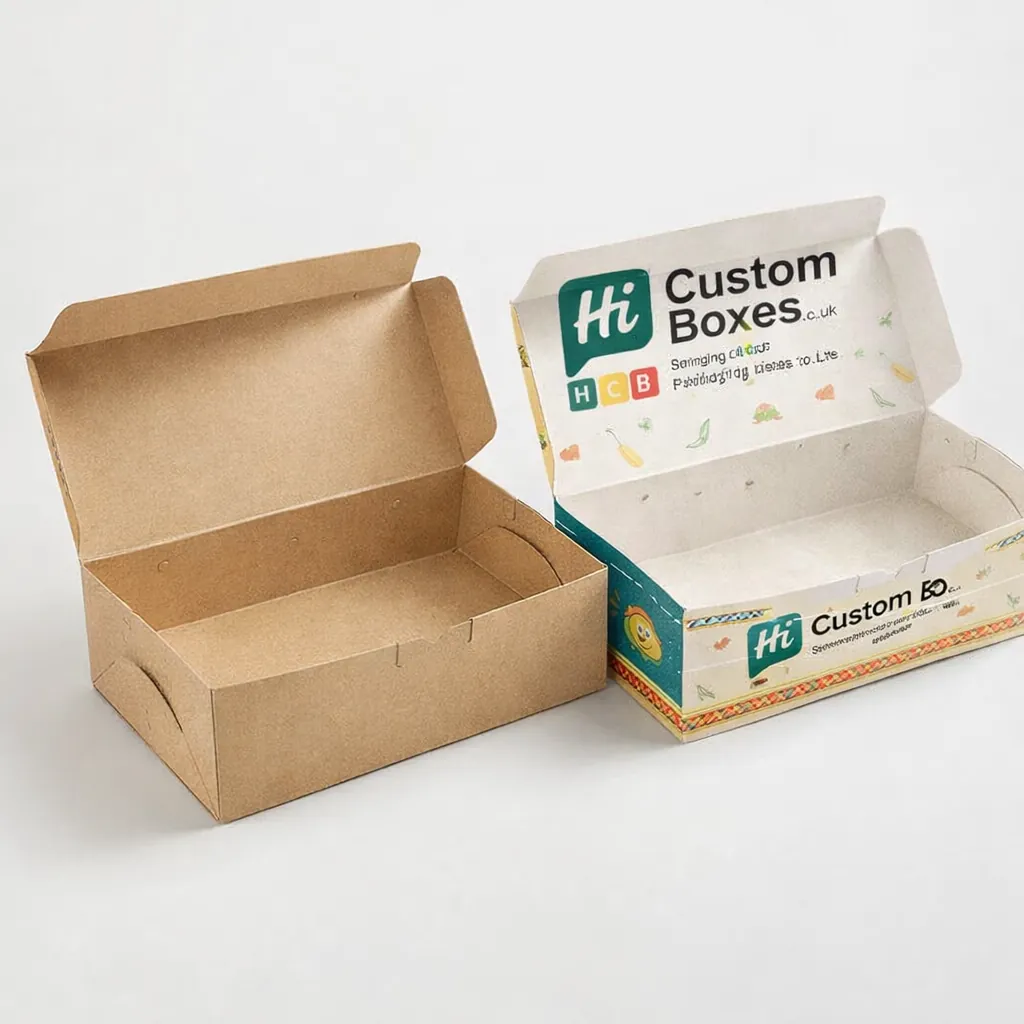 Two tall rectangular product boxes, one blank white and one printed with custom taco graphics.
